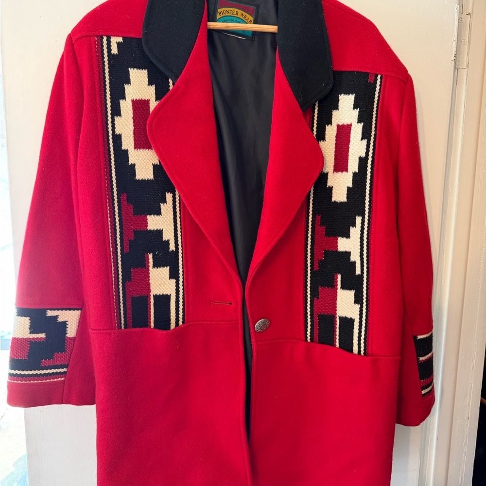 PIONEER Red Wool Blend Pea Coat with Black & Cream Southwestern Panels